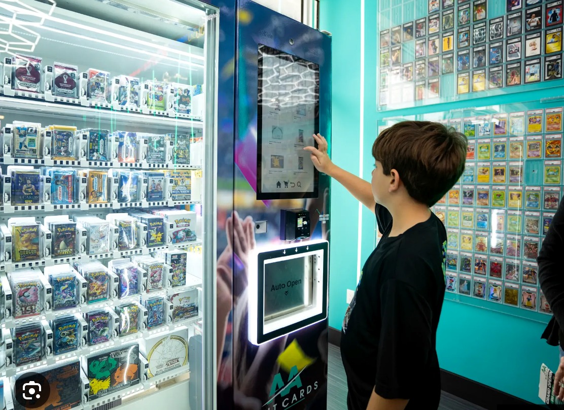 Pokémon card vending machine in a bright collectible retail space